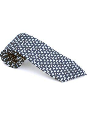 Elegant 100% Silk Men's Necktie, Swan Print Design, Midnight Blue Tie